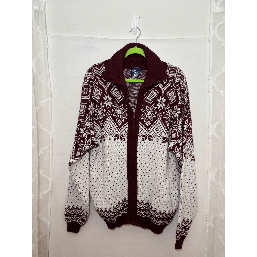 Vintage John Blair Mens Nordic Snowflake Full Zip Cardigan Sweater Burgundy Med